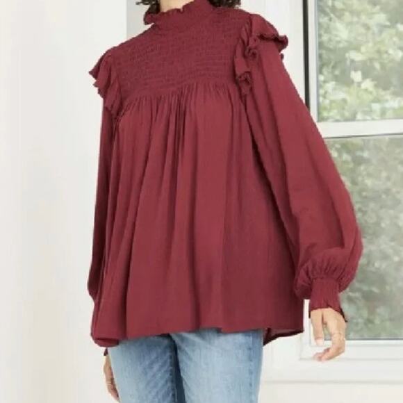 Knox Rose Tops - Knox Rose Maroon Pleated Long Sleeve Smocked High Neck Top Large